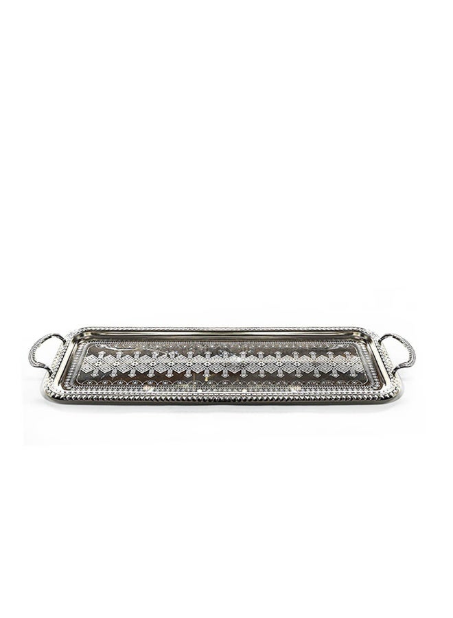 Si Bonne Luxury Rectangular Silver Decorative Serving Tray with Ornate Engraved Design and Side Handles - Image 1